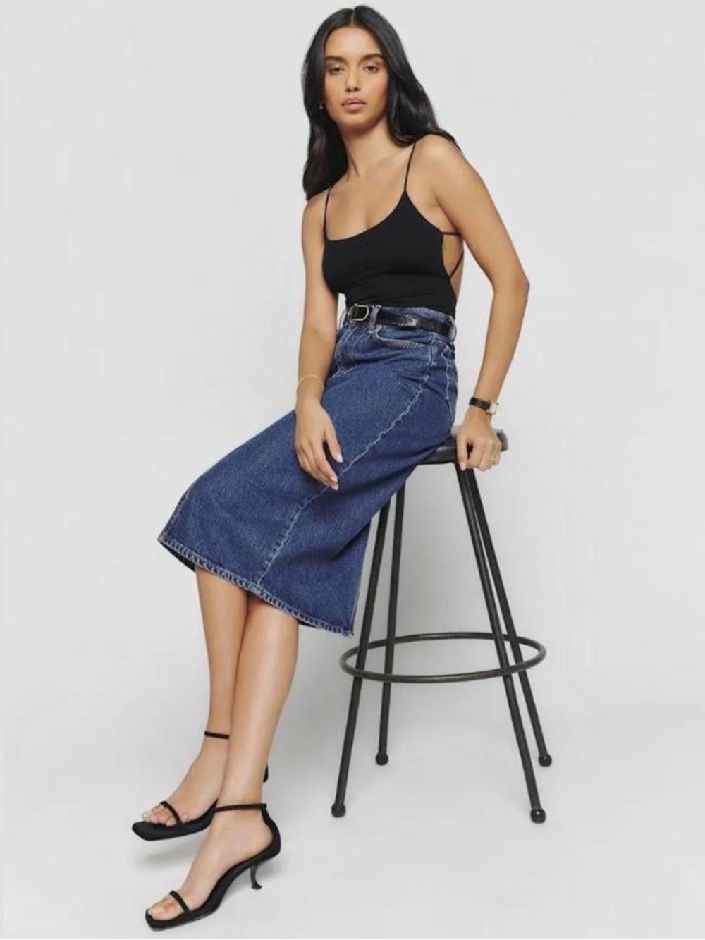 Reformation Dark Blue Denim Midi Skirt